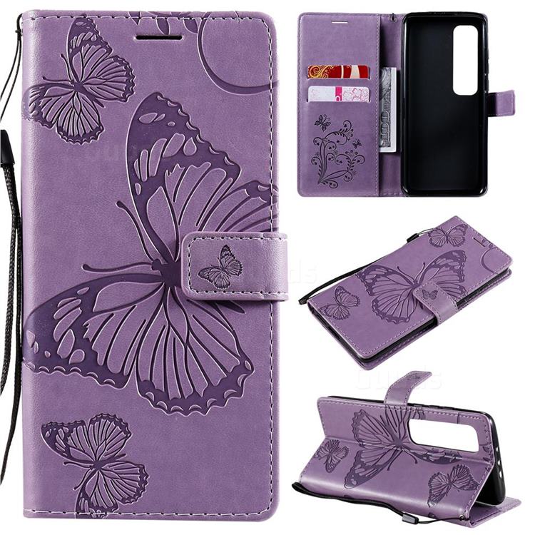 Embossing 3D Butterfly Leather Wallet Case for Xiaomi Mi 10 Ultra - Purple