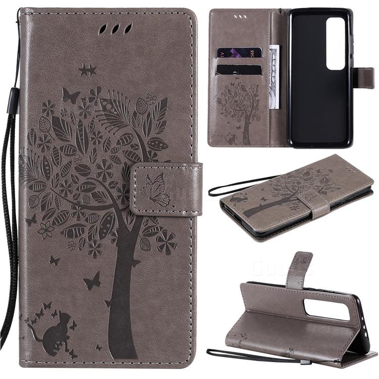 Embossing Butterfly Tree Leather Wallet Case for Xiaomi Mi 10 Ultra - Grey