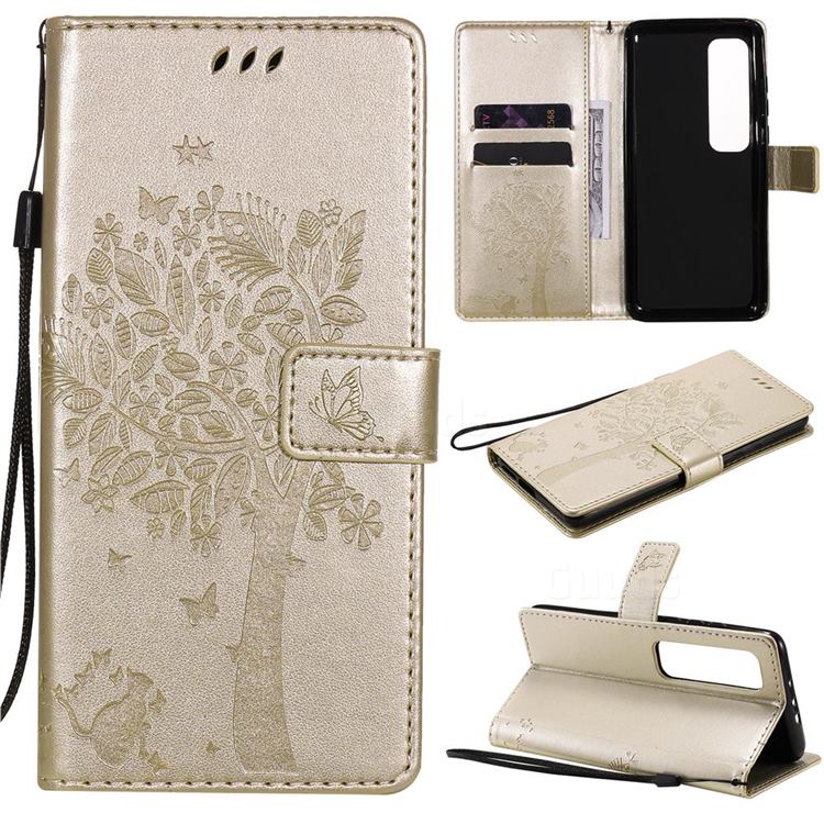 Embossing Butterfly Tree Leather Wallet Case for Xiaomi Mi 10 Ultra - Champagne