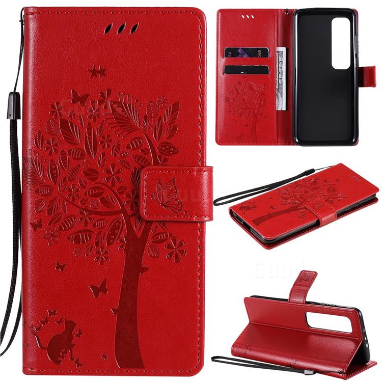 Embossing Butterfly Tree Leather Wallet Case for Xiaomi Mi 10 Ultra - Red