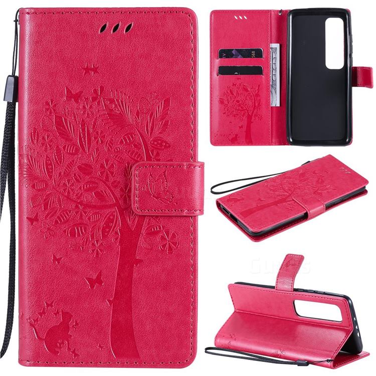 Embossing Butterfly Tree Leather Wallet Case for Xiaomi Mi 10 Ultra - Rose