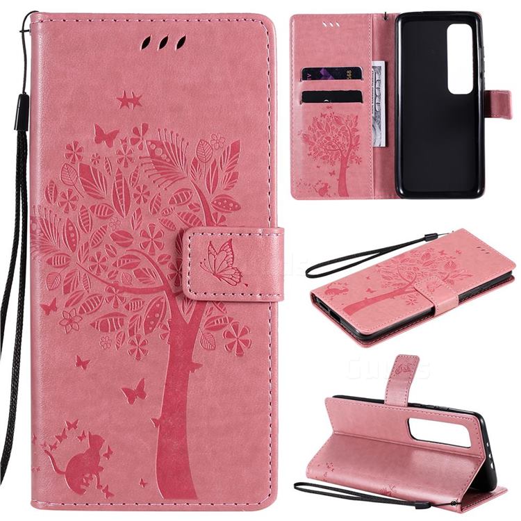 Embossing Butterfly Tree Leather Wallet Case for Xiaomi Mi 10 Ultra - Pink