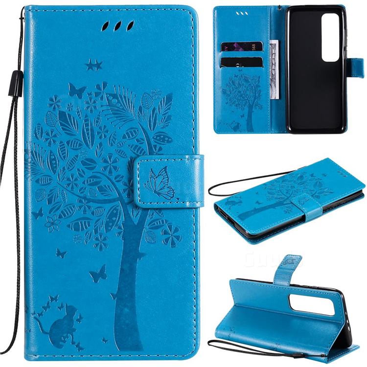 Embossing Butterfly Tree Leather Wallet Case for Xiaomi Mi 10 Ultra - Blue
