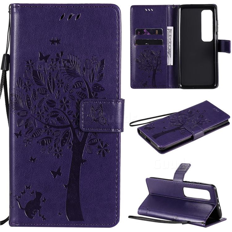 Embossing Butterfly Tree Leather Wallet Case for Xiaomi Mi 10 Ultra - Purple