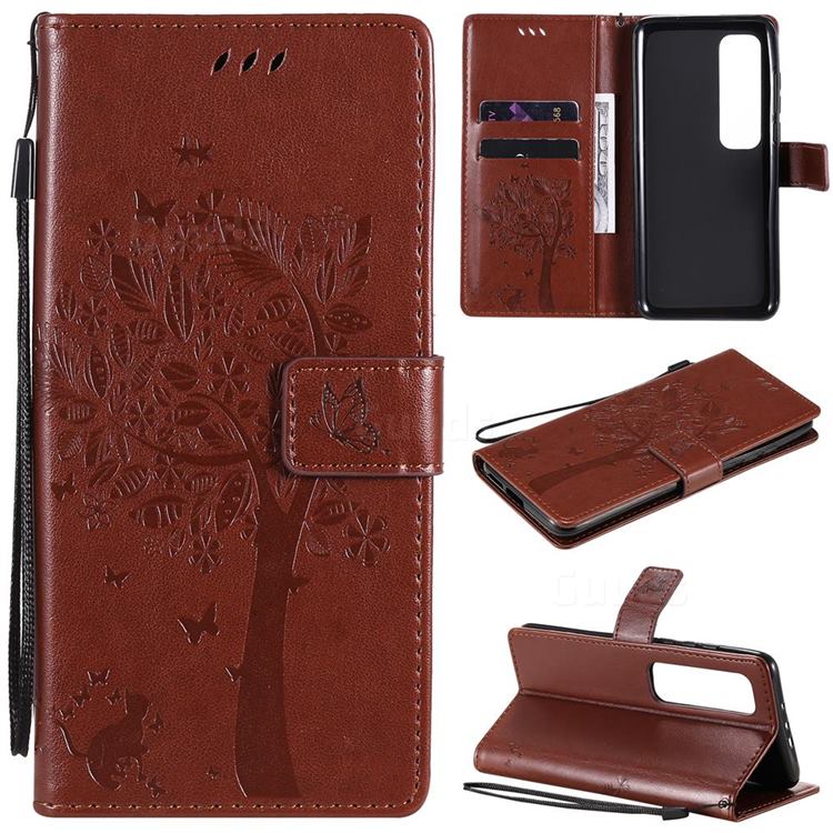 Embossing Butterfly Tree Leather Wallet Case for Xiaomi Mi 10 Ultra - Coffee