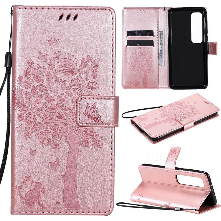 Embossing Butterfly Tree Leather Wallet Case for Xiaomi Mi 10 Ultra - Rose Pink
