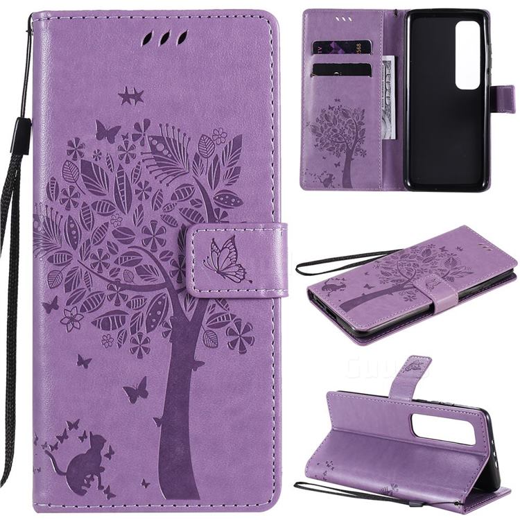 Embossing Butterfly Tree Leather Wallet Case for Xiaomi Mi 10 Ultra - Violet