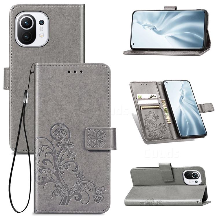 Embossing Imprint Four-Leaf Clover Leather Wallet Case for Xiaomi Mi 11 - Grey