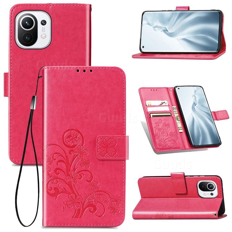 Embossing Imprint Four-Leaf Clover Leather Wallet Case for Xiaomi Mi 11 - Rose Red