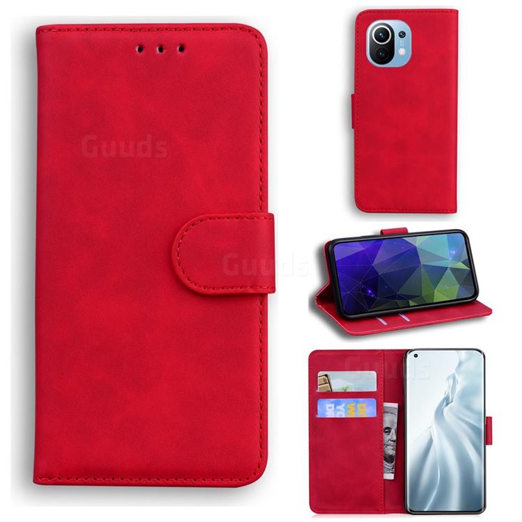 Retro Classic Skin Feel Leather Wallet Phone Case for Xiaomi Mi 11 - Red