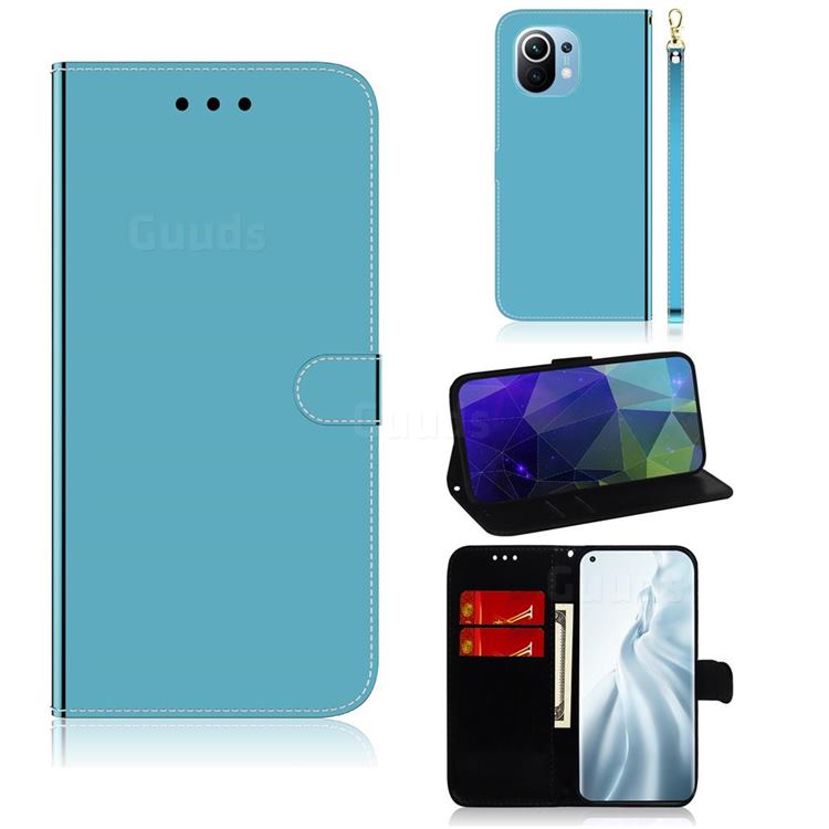 Shining Mirror Like Surface Leather Wallet Case for Xiaomi Mi 11 - Blue