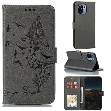 Intricate Embossing Lychee Feather Bird Leather Wallet Case for Xiaomi Mi 11 - Gray