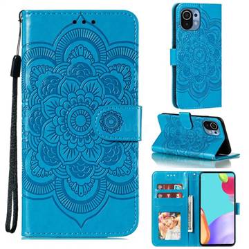 Intricate Embossing Datura Solar Leather Wallet Case for Xiaomi Mi 11 - Blue