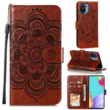 Intricate Embossing Datura Solar Leather Wallet Case for Xiaomi Mi 11 - Brown