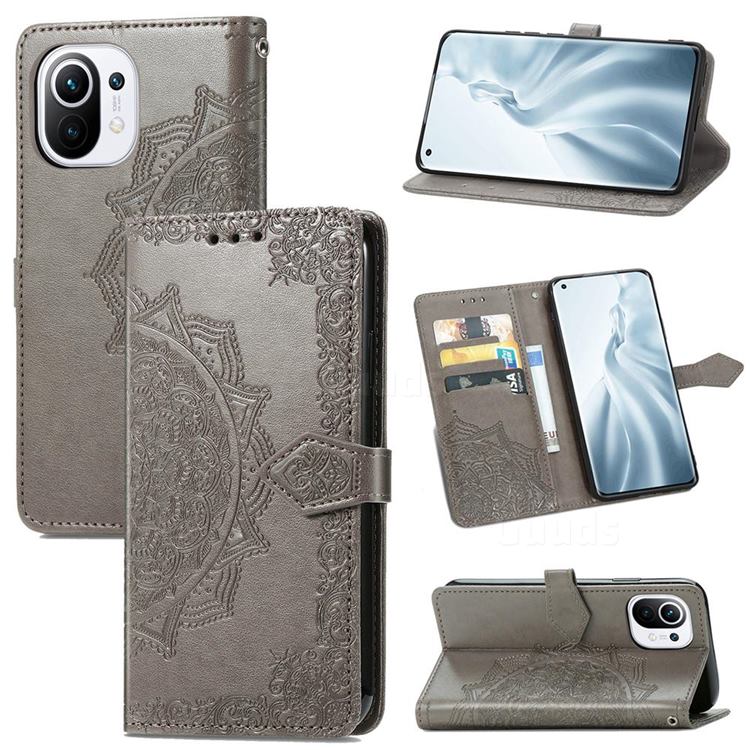 Embossing Imprint Mandala Flower Leather Wallet Case for Xiaomi Mi 11 - Gray