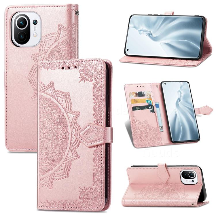 Embossing Imprint Mandala Flower Leather Wallet Case for Xiaomi Mi 11 - Rose Gold