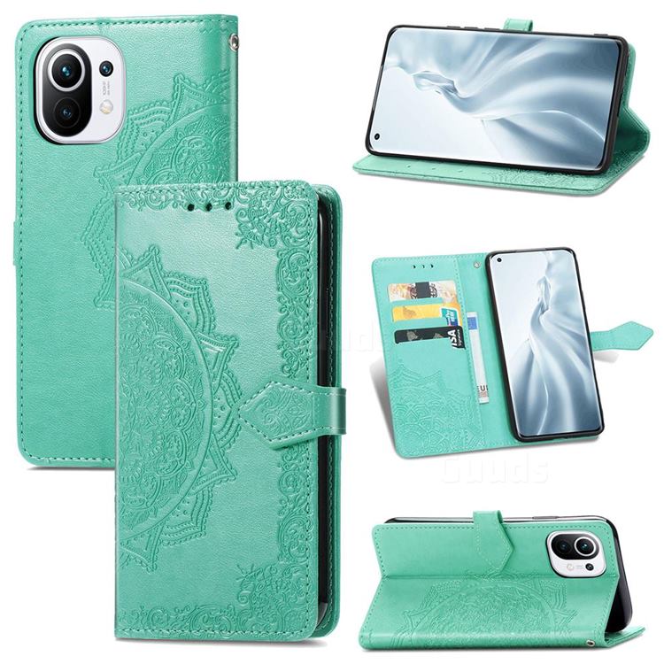 Embossing Imprint Mandala Flower Leather Wallet Case for Xiaomi Mi 11 - Green