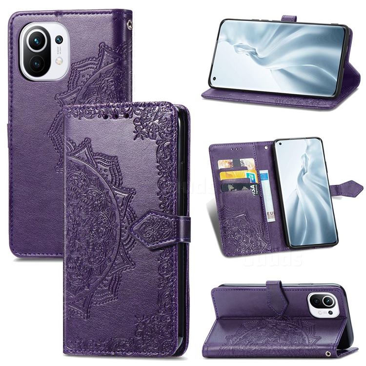 Embossing Imprint Mandala Flower Leather Wallet Case for Xiaomi Mi 11 - Purple