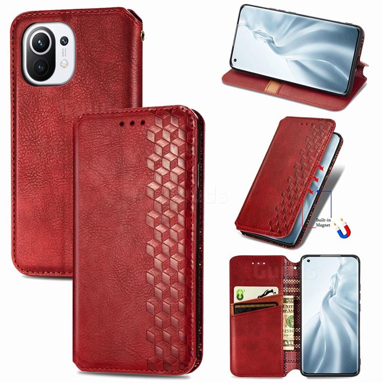 Ultra Slim Fashion Business Card Magnetic Automatic Suction Leather Flip Cover for Xiaomi Mi 11 - Red