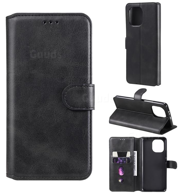Retro Calf Matte Leather Wallet Phone Case for Xiaomi Mi 11 - Black