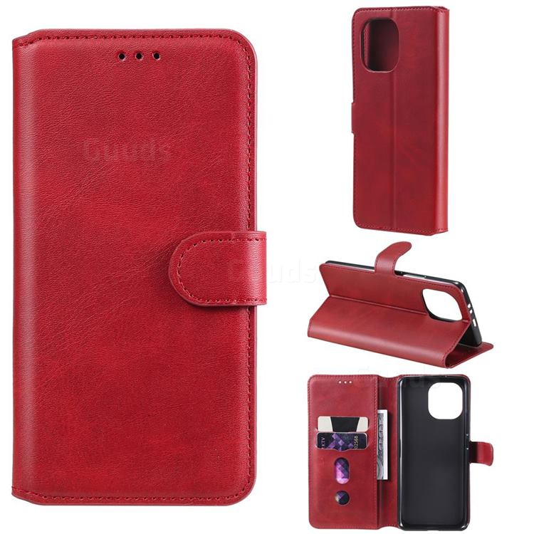 Retro Calf Matte Leather Wallet Phone Case for Xiaomi Mi 11 - Red