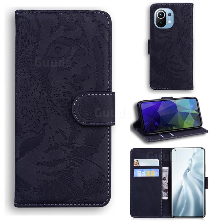 Intricate Embossing Tiger Face Leather Wallet Case for Xiaomi Mi 11 - Black