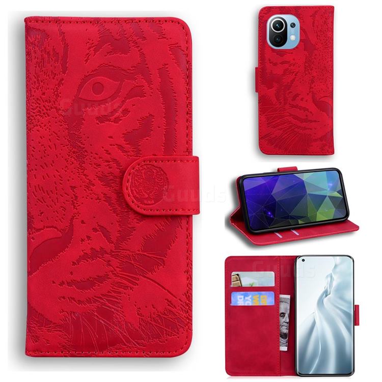 Intricate Embossing Tiger Face Leather Wallet Case for Xiaomi Mi 11 - Red