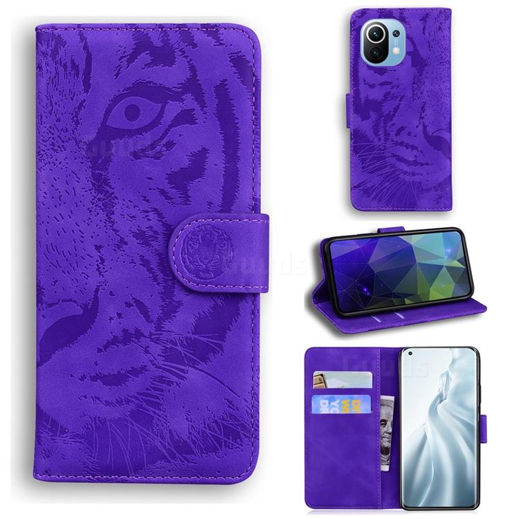 Intricate Embossing Tiger Face Leather Wallet Case for Xiaomi Mi 11 - Purple