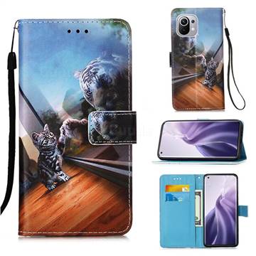 Mirror Cat Matte Leather Wallet Phone Case for Xiaomi Mi 11