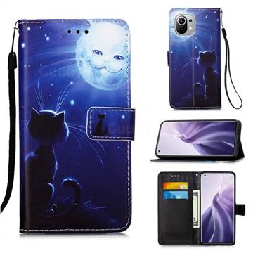Cat and Moon Matte Leather Wallet Phone Case for Xiaomi Mi 11