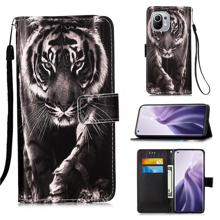 Black and White Tiger Matte Leather Wallet Phone Case for Xiaomi Mi 11