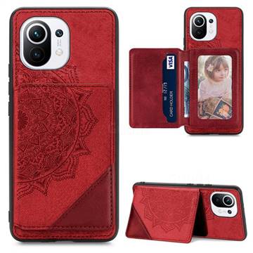 Mandala Flower Cloth Multifunction Stand Card Leather Phone Case for Xiaomi Mi 11 - Red