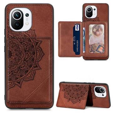Mandala Flower Cloth Multifunction Stand Card Leather Phone Case for Xiaomi Mi 11 - Brown