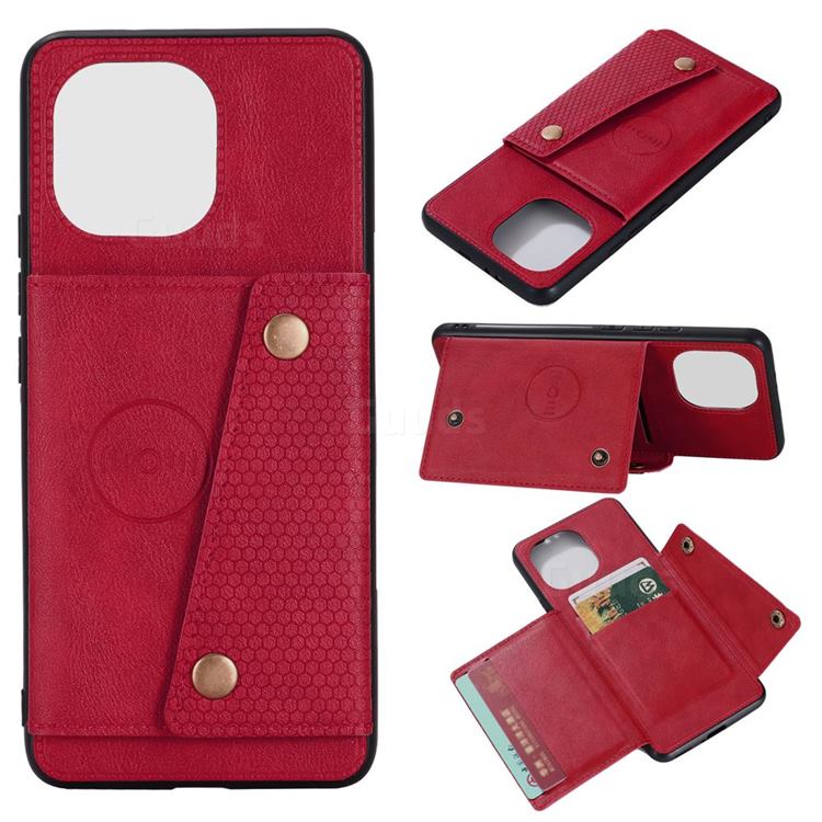 Retro Multifunction Card Slots Stand Leather Coated Phone Back Cover for Xiaomi Mi 11 - Red
