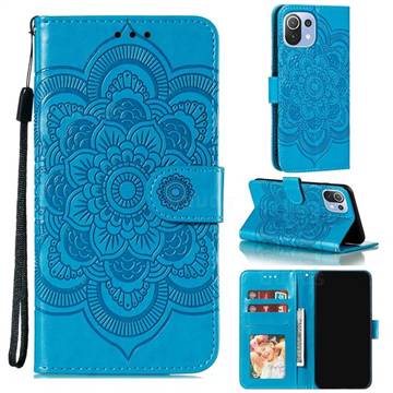 Intricate Embossing Datura Solar Leather Wallet Case for Xiaomi Mi 11 Lite - Blue