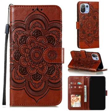 Intricate Embossing Datura Solar Leather Wallet Case for Xiaomi Mi 11 Lite - Brown