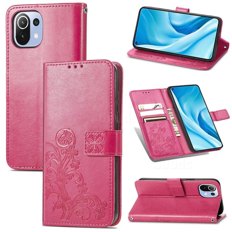 Embossing Imprint Four-Leaf Clover Leather Wallet Case for Xiaomi Mi 11 Lite - Rose Red