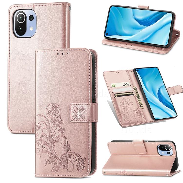 Embossing Imprint Four-Leaf Clover Leather Wallet Case for Xiaomi Mi 11 Lite - Rose Gold