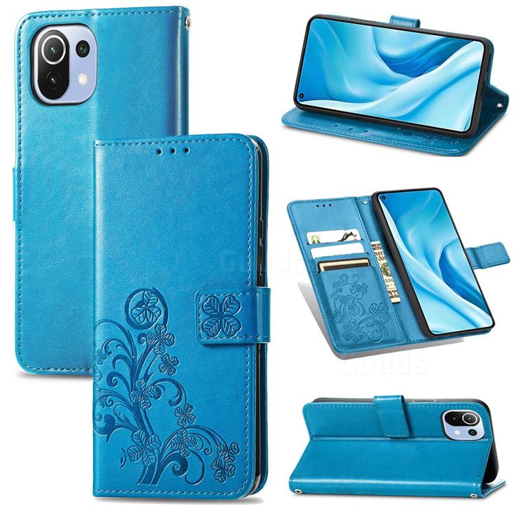 Embossing Imprint Four-Leaf Clover Leather Wallet Case for Xiaomi Mi 11 Lite - Blue