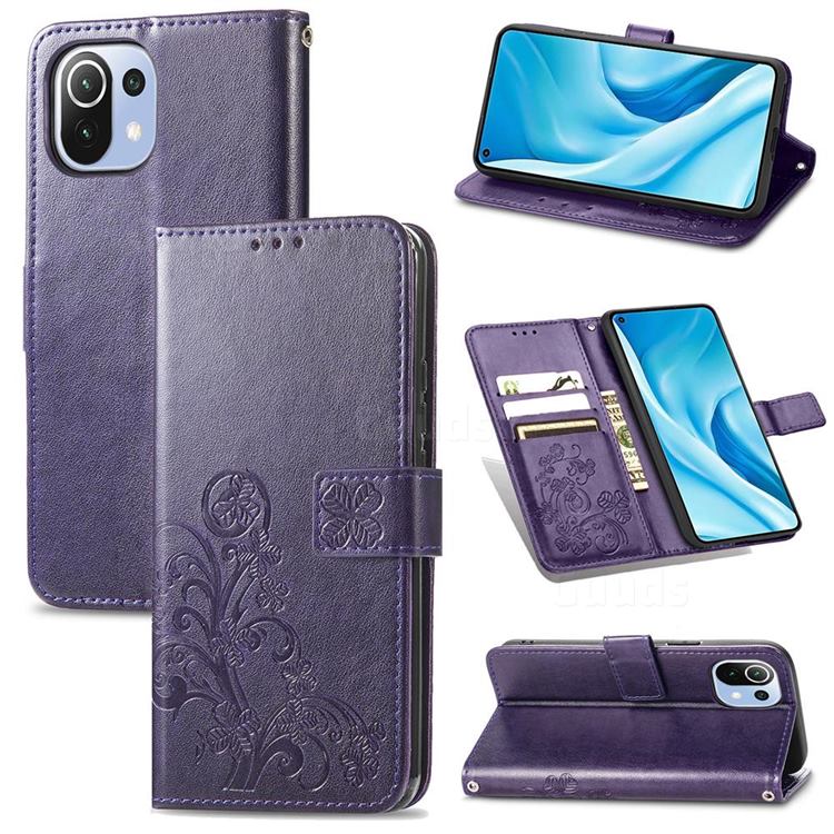 Embossing Imprint Four-Leaf Clover Leather Wallet Case for Xiaomi Mi 11 Lite - Purple