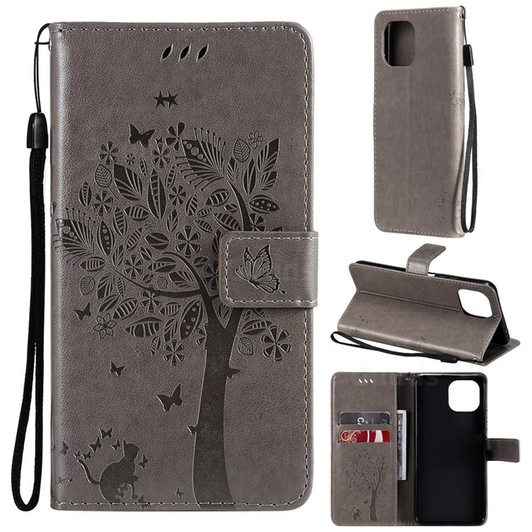 Embossing Butterfly Tree Leather Wallet Case for Xiaomi Mi 11 Lite - Grey