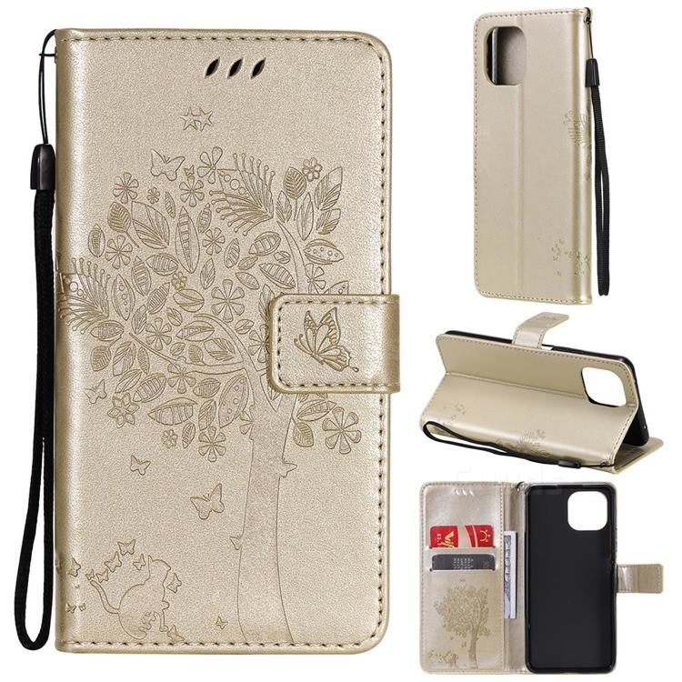 Embossing Butterfly Tree Leather Wallet Case for Xiaomi Mi 11 Lite - Champagne