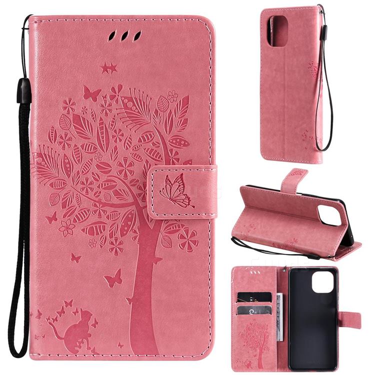 Embossing Butterfly Tree Leather Wallet Case for Xiaomi Mi 11 Lite - Pink