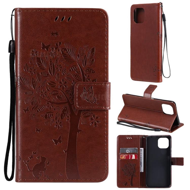 Embossing Butterfly Tree Leather Wallet Case for Xiaomi Mi 11 Lite - Coffee
