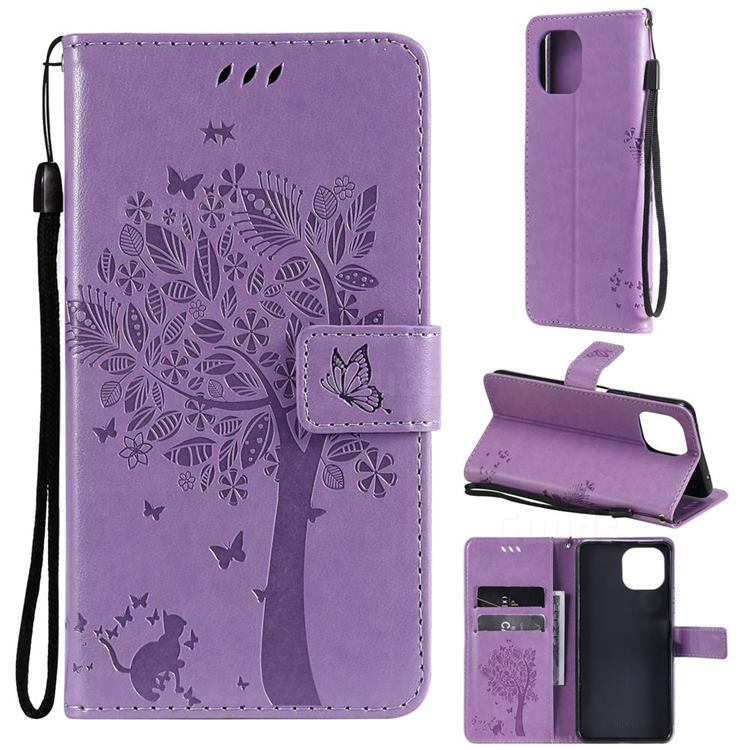 Embossing Butterfly Tree Leather Wallet Case for Xiaomi Mi 11 Lite - Violet