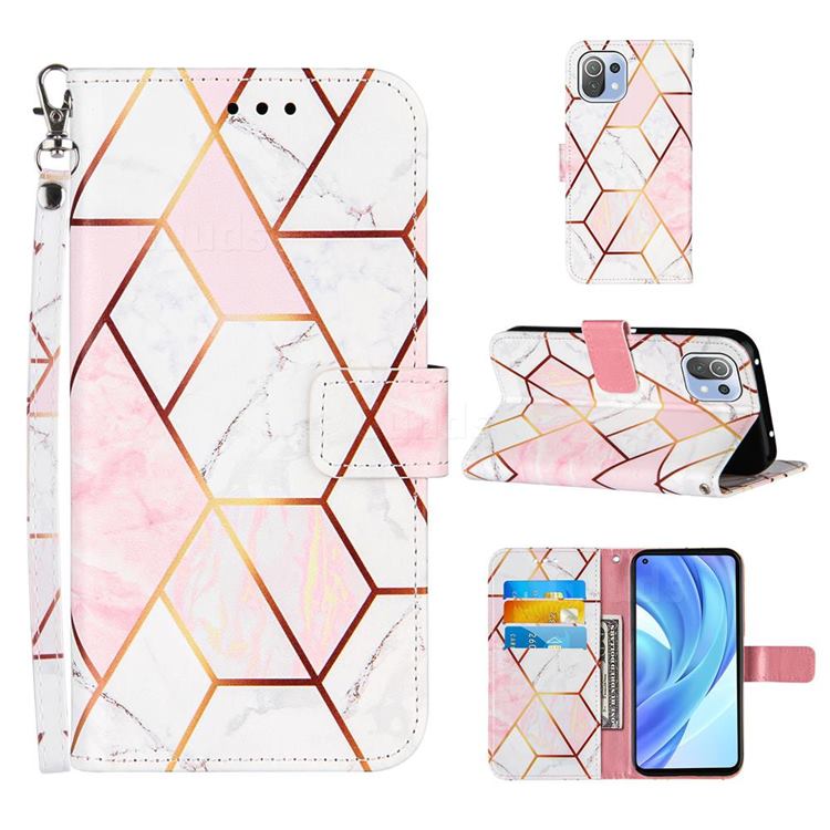 Pink White Stitching Color Marble Leather Wallet Case for Xiaomi Mi 11 Lite
