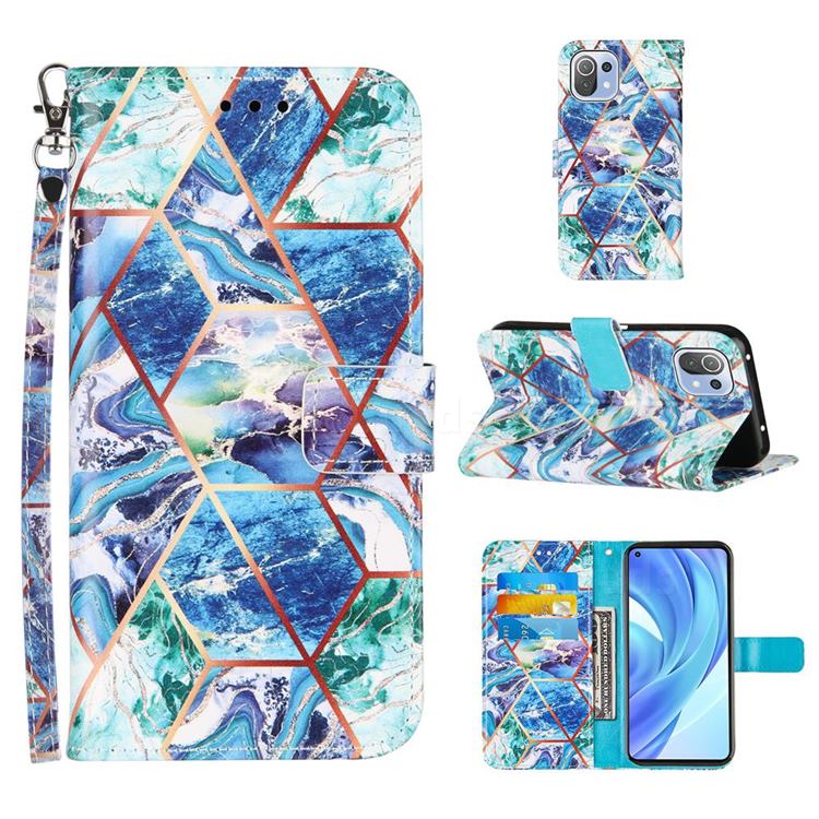 Green and Blue Stitching Color Marble Leather Wallet Case for Xiaomi Mi 11 Lite