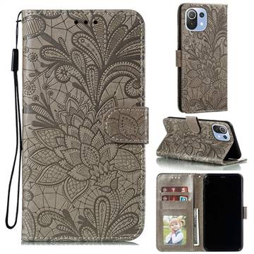Intricate Embossing Lace Jasmine Flower Leather Wallet Case for Xiaomi Mi 11 Lite - Gray