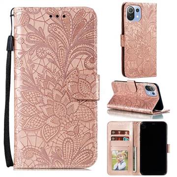 Intricate Embossing Lace Jasmine Flower Leather Wallet Case for Xiaomi Mi 11 Lite - Rose Gold