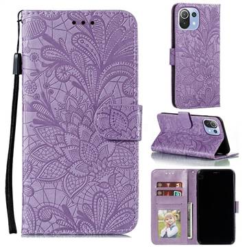 Intricate Embossing Lace Jasmine Flower Leather Wallet Case for Xiaomi Mi 11 Lite - Purple